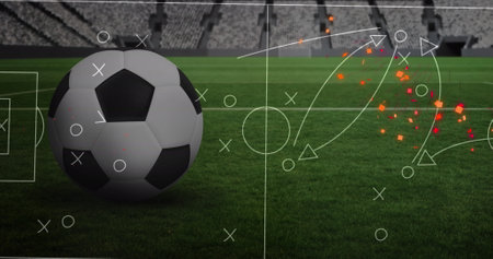 Image of football over stadium drawing. Global sport and digital interface concept digitally generated image.の写真素材