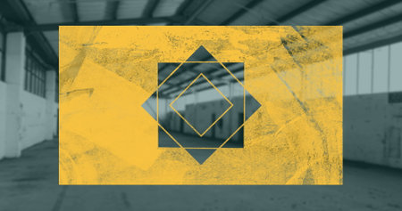 Image of abstract star shape over green crystal shapes and copy space against empty warehouse....