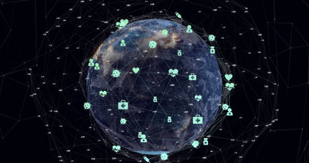 Image of connected icons and dots around rotating globe over black background. Digitally generated,...