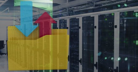 Image of financial data processing with folder icon over computer servers. Global business,...