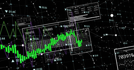 Green graph and data processing on black background. Business, global communication, data and...