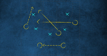 Image of football game strategy plan against textured blue background. Sports tournament and competition conceptの写真素材