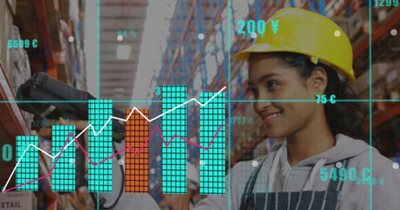 Image of financial data processing over biracial woman working in warehouse. Global shipping,...