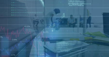 Image of binary coding, statistics and financial data processing over diverse business people....