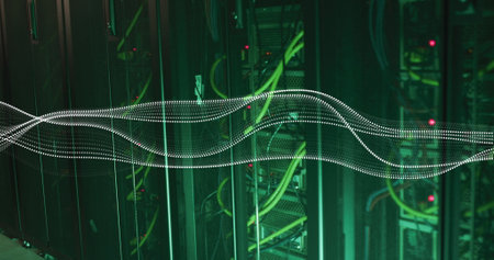 Image of digital wave against close up of a computer server. Computer interface and business data...