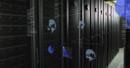Image of globes and data processing over server room. Global business and digital interface concept...
