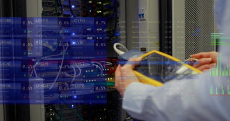 Image of stock market and financial data processing over caucasian man by computer server. Global...