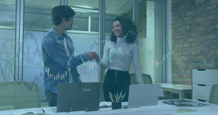 Image of statistical data processing over diverse man and woman discussing over laptop at office....
