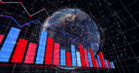 Image of statistical data processing and network of connections over spinning globe. Global networking and business data technology conceptの写真素材