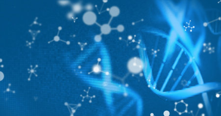 Image of spinning dna and molecular structures against blue background. Medical research and science technology conceptの写真素材