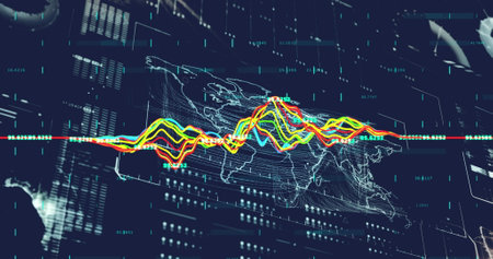 Image of financial data processing and statistics. Global business, finances, computing and data processing concept digitally generated image.の写真素材