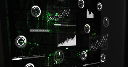 Graphs and charts processing data over green servers in dark computer server room. Communication,...