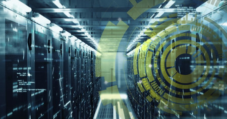 Image of loading circles and computer language over bars on data server racks. Digital composite,...
