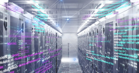 Image of connected dots and computer language over data server racks in server room. Digital...