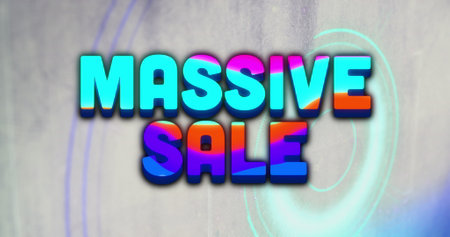 Image of massive sale text over glowing green lights background. Sales, retail, shopping, digital interface, communication, computing and data processing concept digitally generated image.の写真素材