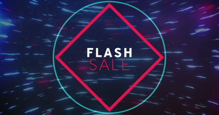 Image of flash sale text in pink frame on light trails black background. Sales, retail, shopping, digital interface, communication, computing and data processing concept digitally generated image.の写真素材