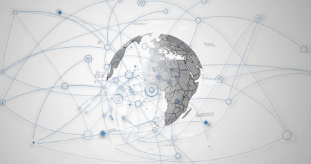 Image of network of connections over spinning globe against grey background. Global networking and business technology conceptの写真素材
