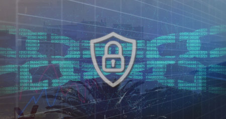 Image of padlock and data processing over cityscape. Global finance, business, connections,...