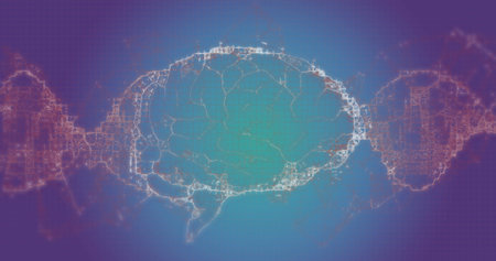 Image of human brain with dna strand on blue background. Global science, computing and data...