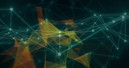 Image of network of connections over shapes. Global technology and digital interface concept, digitally generated image.の写真素材