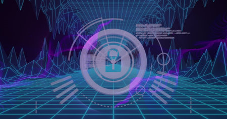 Image of padlock in loading circles, dynamic waves, computer language over 3d mountains. Digitally...