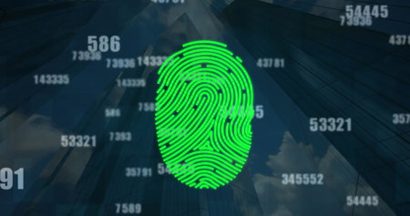 Image of scanning fingerprint, changing numbers, low angle view of buildings against cloudy sky. Digital composite, multiple exposure, biometric, protection, business, growth and architecture.の写真素材