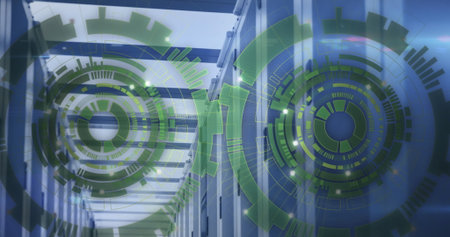 Image of loading circles and computer language over data server room. Digital composite, business,...