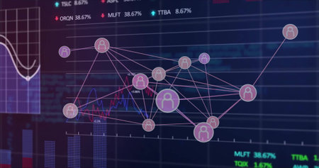Image of connections with icons and financial data processing over dark background. Global finance, business, connections, computing and data processing concept digitally generated image.の写真素材