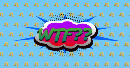 Image of wtf text over retro vibrant pattern background. Retro, vintage, digital interface, communication, computing and data processing concept digitally generated image.の写真素材