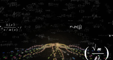Image of mathematical data processing over light trails on black background. Global science,...
