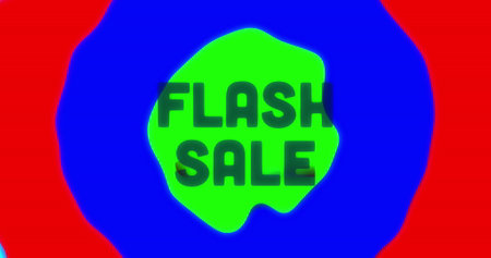 Bright colors highlight FLASH SALE text against green blob. Blue and red shapes surround green for contrastの写真素材