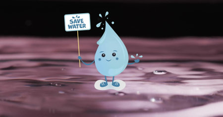 Image of save water text on sign held by water droplet on water background. Sustainability, water saving and climate change awareness concept digitally generated image.の写真素材