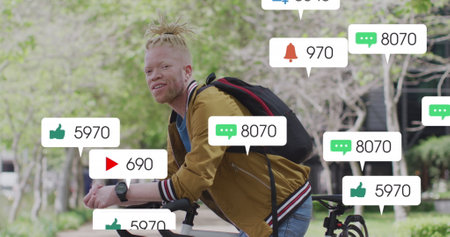 Image of social media data processing over albino man in city. Global computing, digital interface...