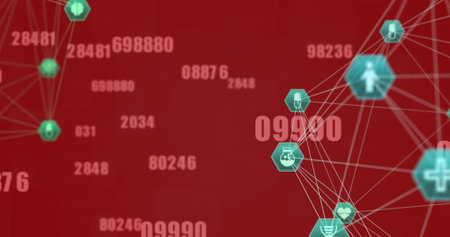 Image of multiple changing numbers and connected icons globes over red background. Digitally generated, hologram, illustration, business, growth, communication, medical and globalization concept.の写真素材