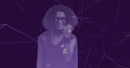 Image of woman dressed as superhero with network of connections on purple background. digital interface global connection and communication concept digitally generated image.の写真素材