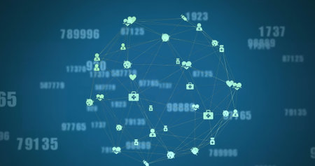 Image of connected icons forming globe with changing numbers over blue background. Digitally generated, hologram, illustration, business, growth, communication, globalization and technology.の写真素材