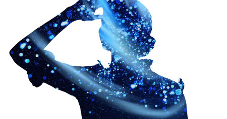 Image of dots and circles in silhouette of woman looking with hand on forehead looking far away. Digitally generated, hologram, illustration, illuminated, particles and abstract concept.の写真素材