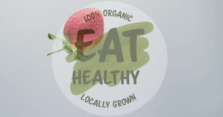 Image of eat healthy text on circle on grey background. Organic food, sustainability and climate...