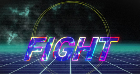 Neon glowing fight text banner over circular banner against grid network on black background. imagegame interface and technology conceptの写真素材