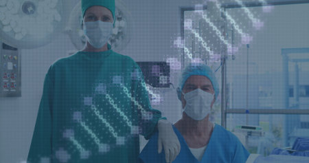Image of rotating dna over caucasian female and male surgeons in face masks. health, medicine,...