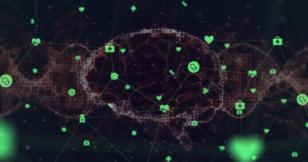 Digital image of network of medical icons against human brain spinning against black background. medical research and science technology conceptの写真素材