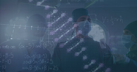 Image of rotating dna over caucasian female and male surgeons in face masks during operation....