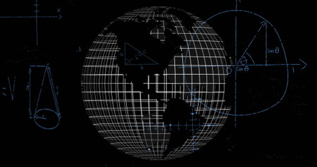 Image of mathematical data processing over globe on black background. Global science, business,...