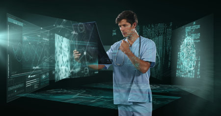 Image of biracial male doctor over data processing. global medicine, healthcare and data processing concept digitally generated image.の写真素材