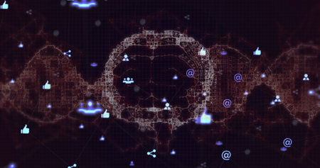 Digital icons like thumbs up and @ signs overlay a world map. They are glowing in various shades of...