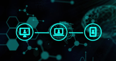 Image of network of connections with human brain and data processing. global science, networks and connections digital interface concept digitally generated image.の写真素材