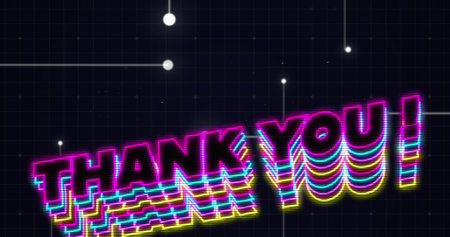 Neon thank you text banner with shadow effect against network of connections on blue background. imagegame interface and technology conceptの写真素材
