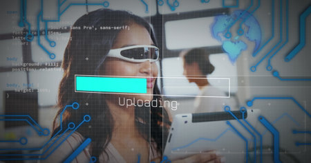 Image of scope scanning and data processing over woman wearing vr headset. data processing, connections and technology concept digitally generated image.の写真素材