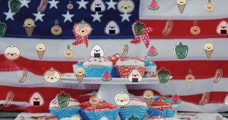 Image of falling food over cupcakes on table. World food day, nutrition, diet digitally generated imageの写真素材