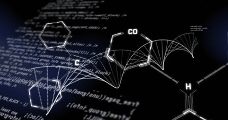 Image of dna strand and data processing with chemical formula on black background. global science,...